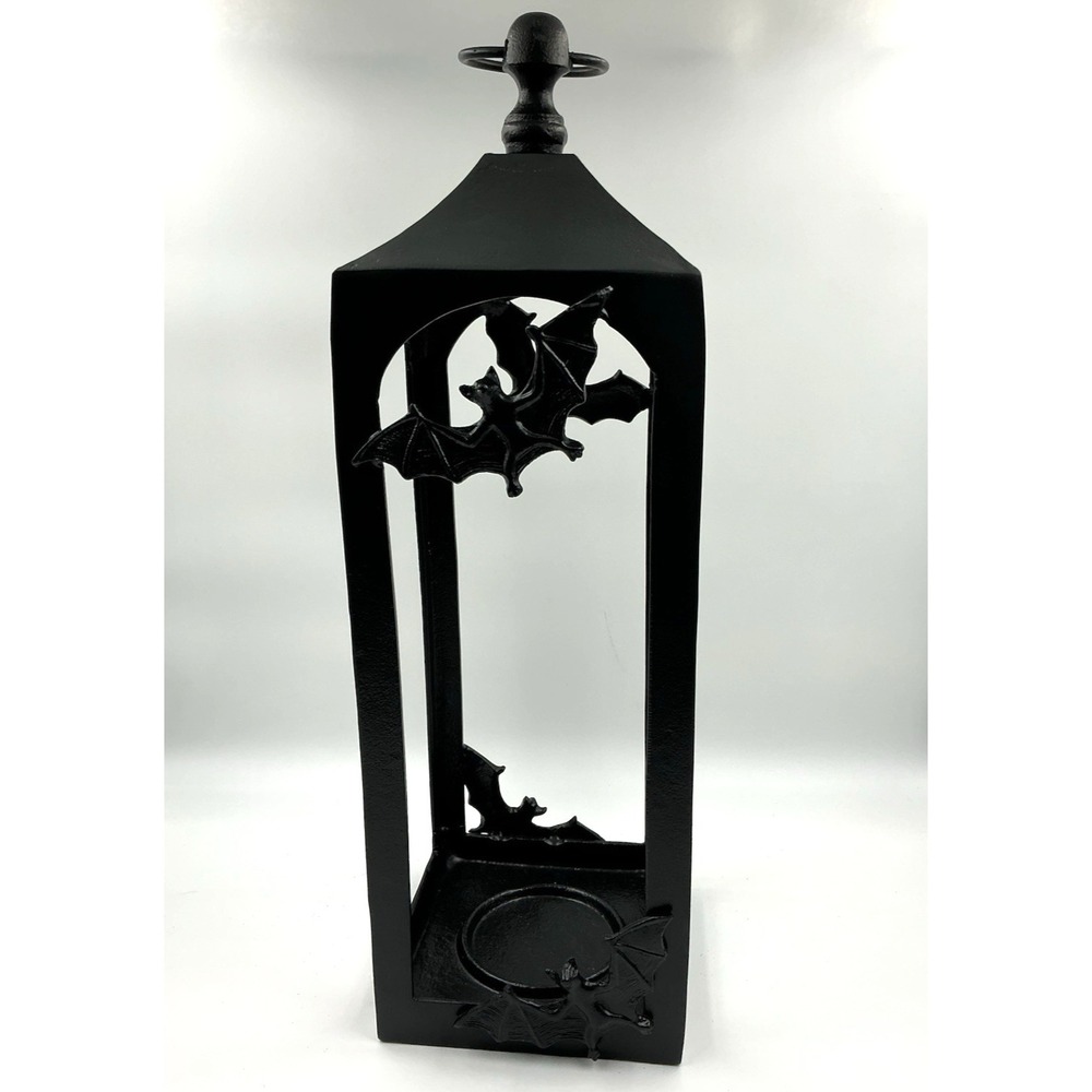Large Halloween Black Cast Iron Hanging Candle Holder Lantern‎ w/ Bats 22 Inches